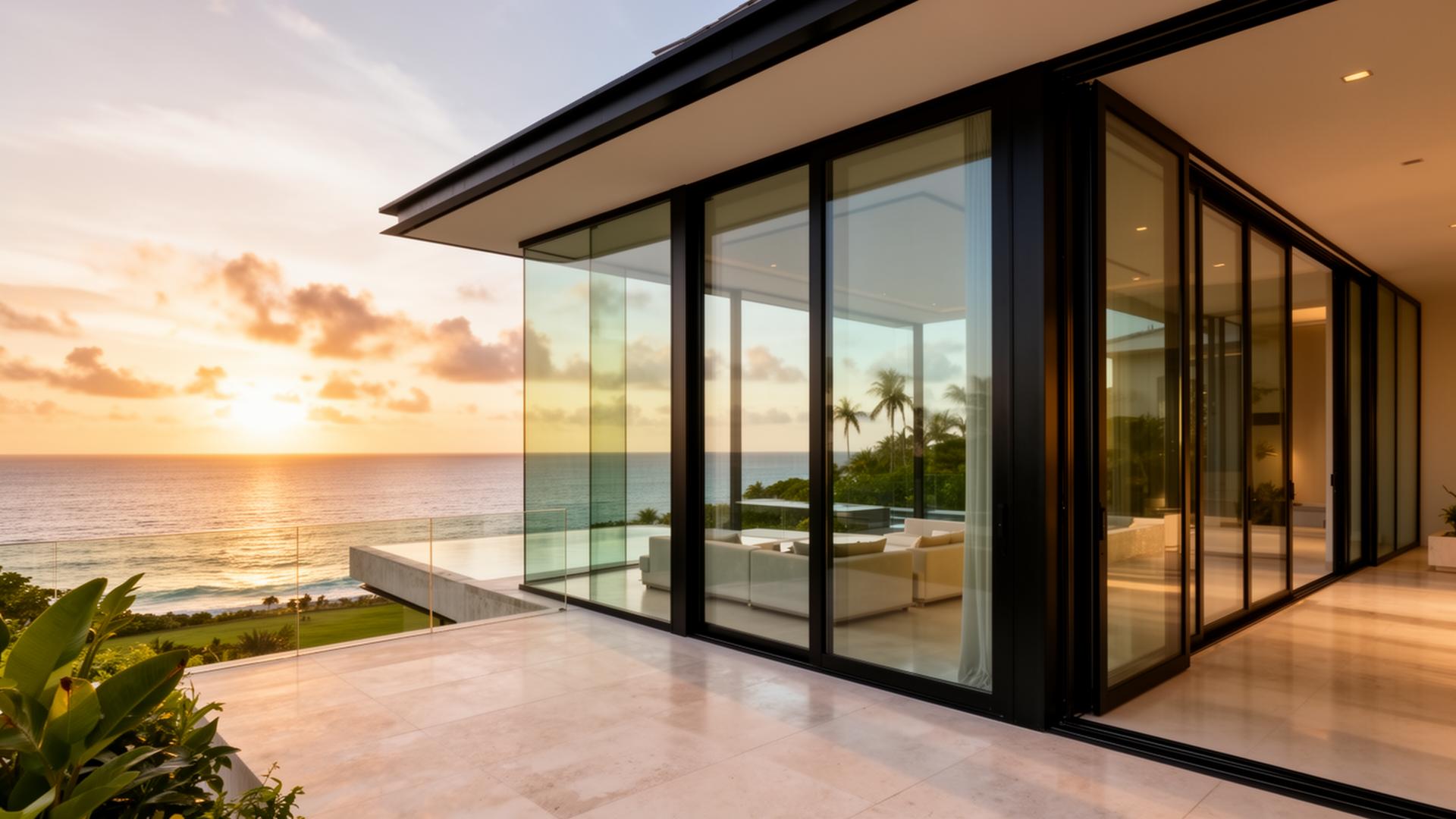 Aluminum-framed Caribbean villa at sunset